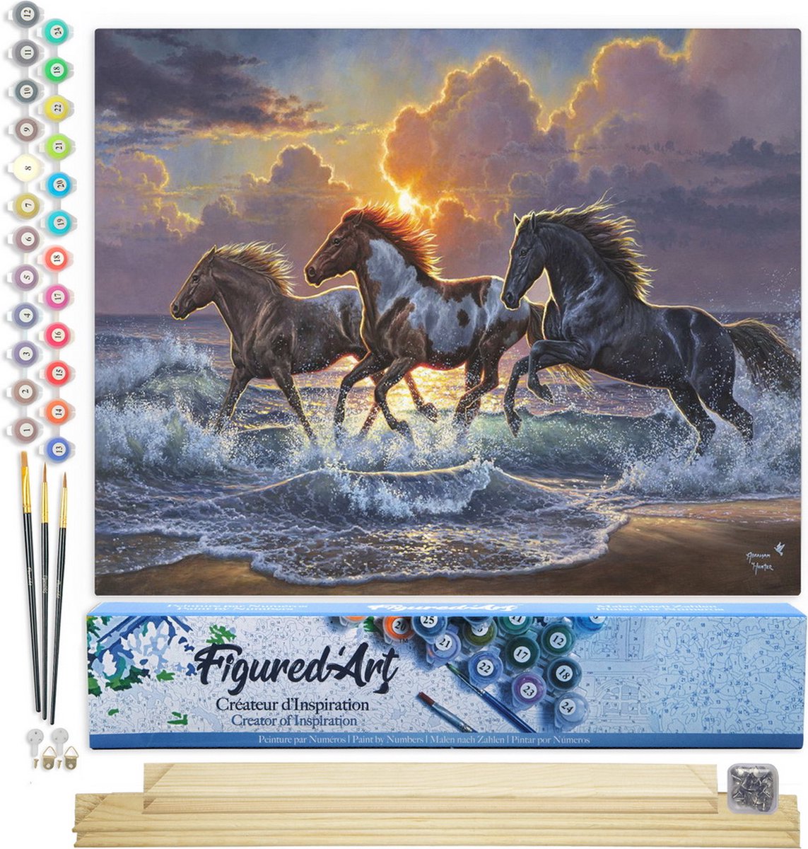 FiguredArt Schilderen op Nummer Volwassenen canvas Drie paarden en zee - Handwerk acrylverf Kit DIY Compleet - 40x50cm met DIY houten lijst